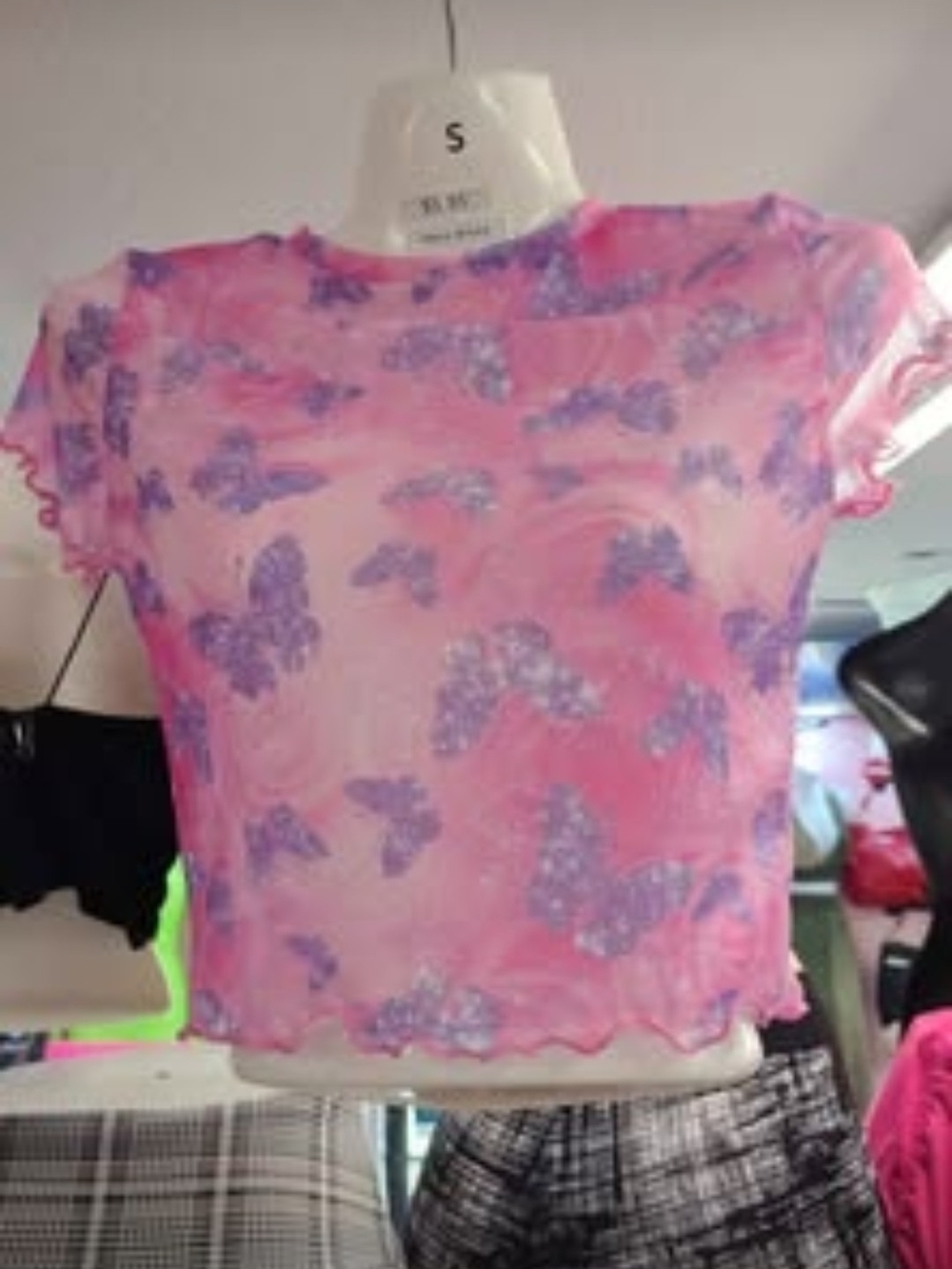 Sheer Pink Butterfly Print Crop Top
